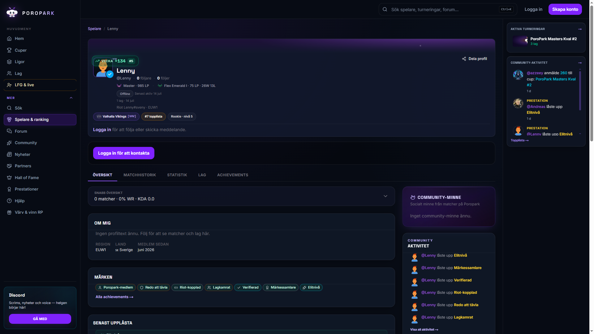 Spelarprofil — kompakt header med rank och Climb-badge