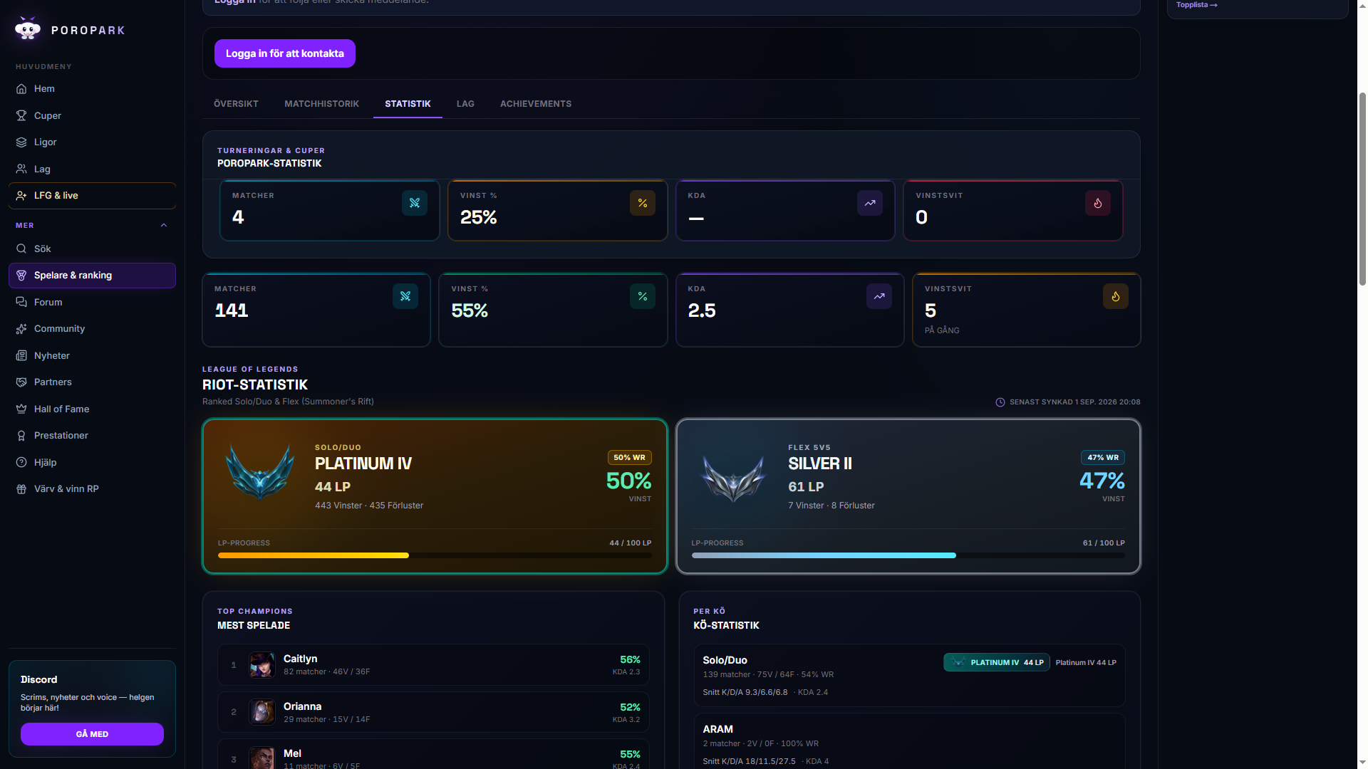 Riot-statistik — rank, champions och senaste matcher